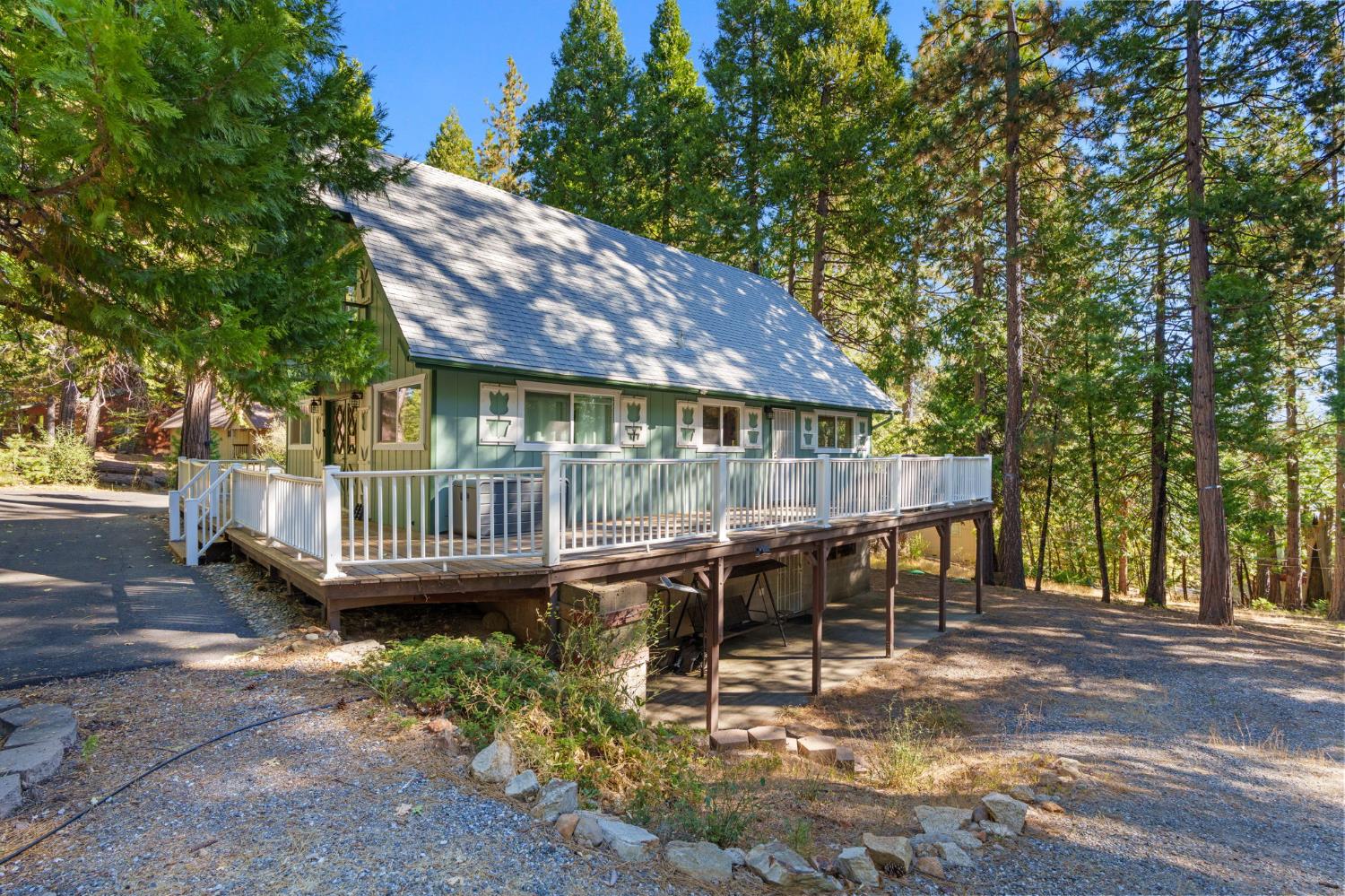 Green cabin with a white-railed elevated deck among tall pine trees.