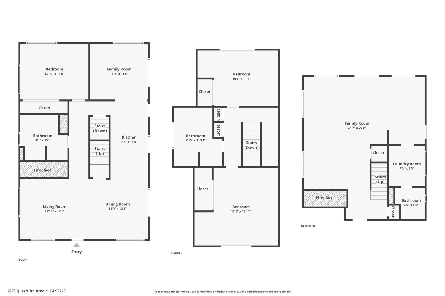 Three-level floor plan with labeled rooms, approximate dimensions, stairways, and fireplaces.