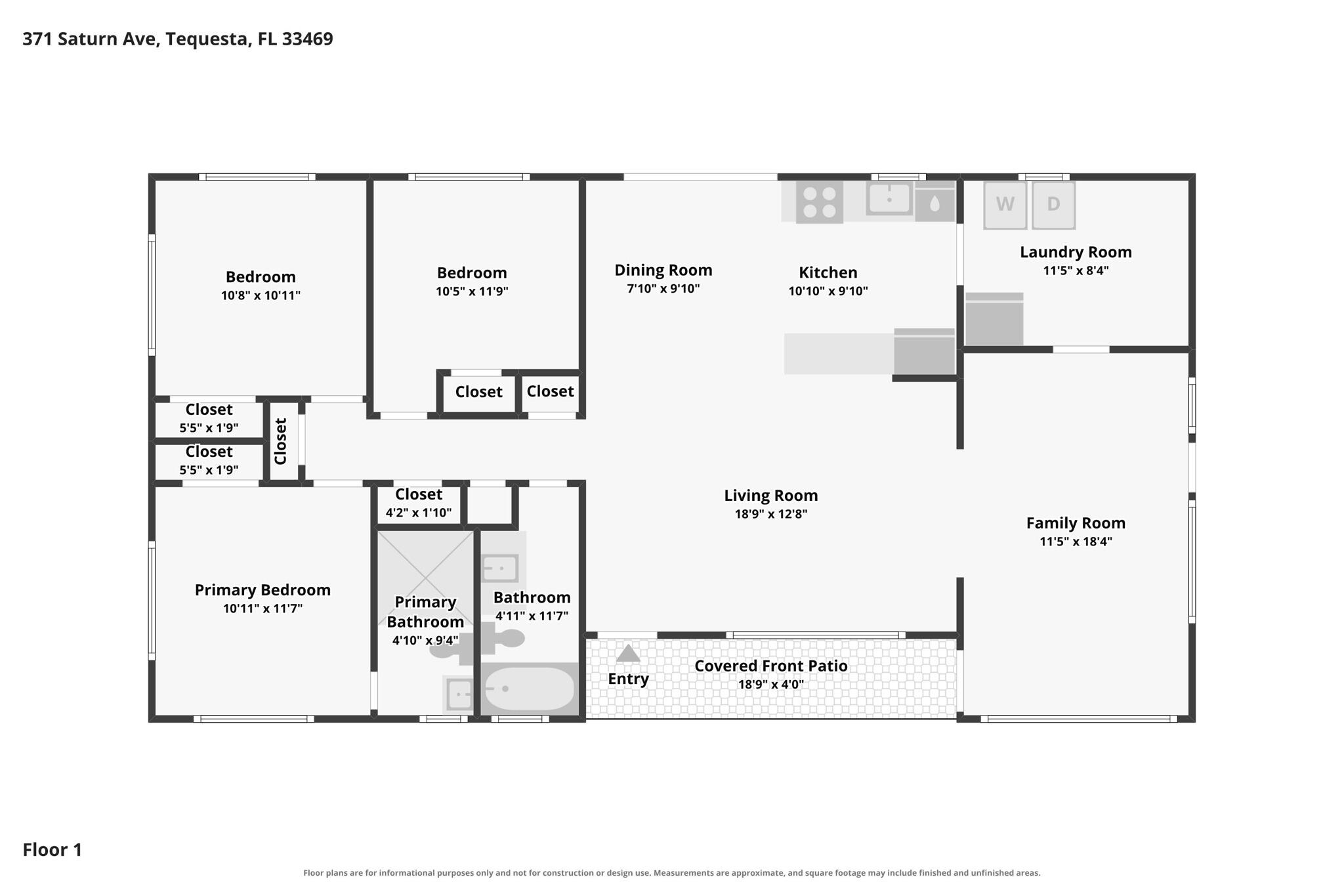 Floor plan showing three bedrooms, two bathrooms, living and family rooms, and a covered front patio.