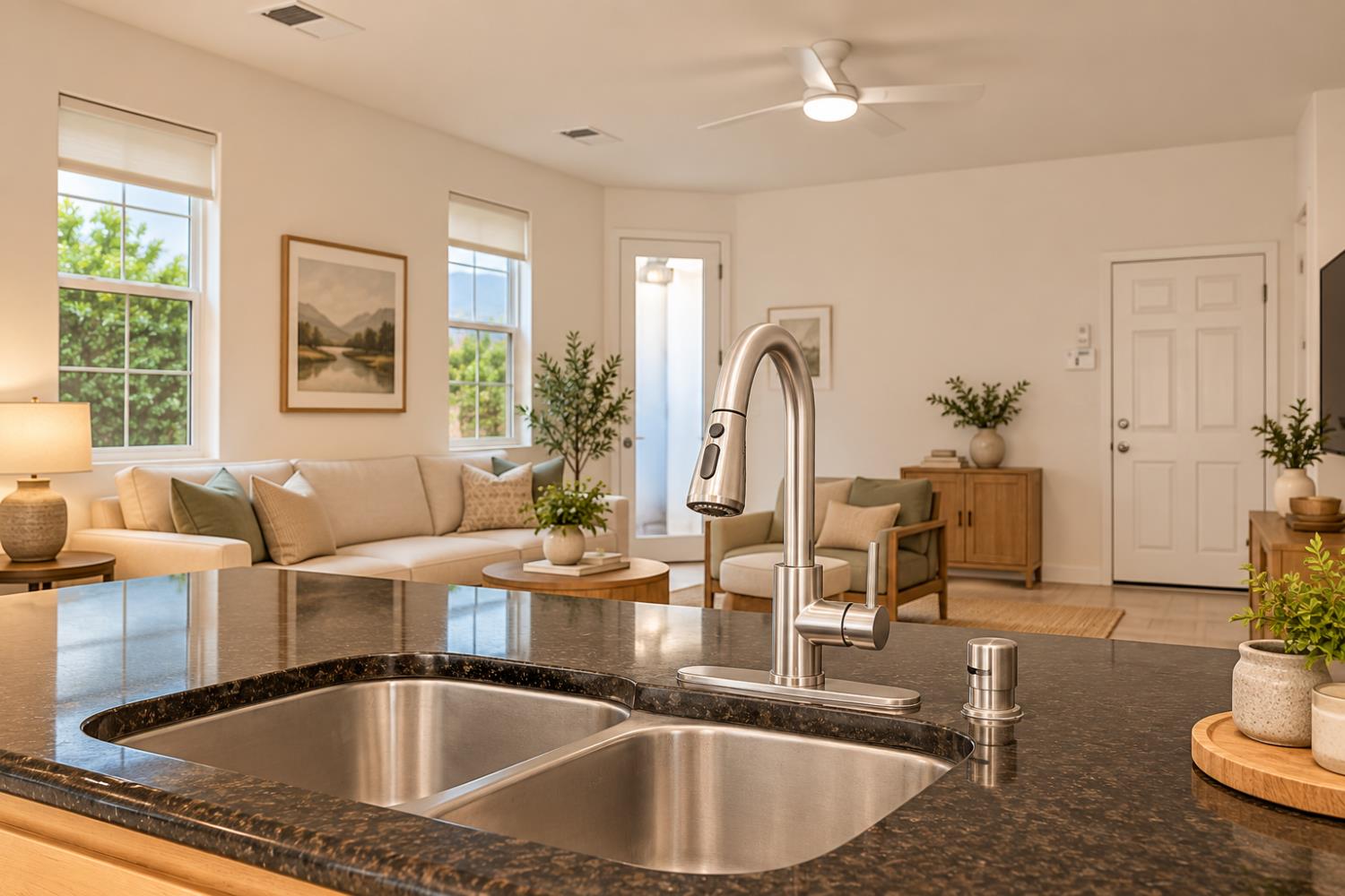 Kitchen sink and pull-down faucet overlooking a bright living room with large windows.