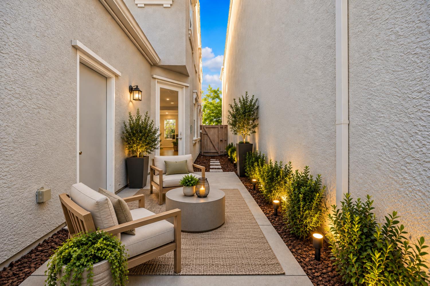 Private courtyard patio with cushioned seating, potted trees, and illuminated planting beds.
