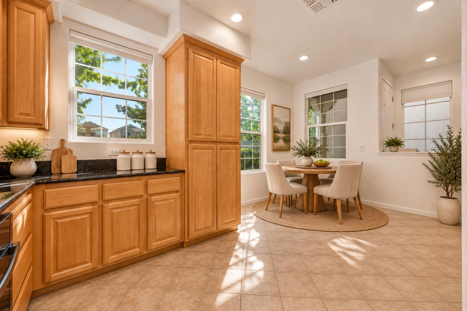 Kitchen and dining nook with honey-colored cabinets and a round table by large windows.