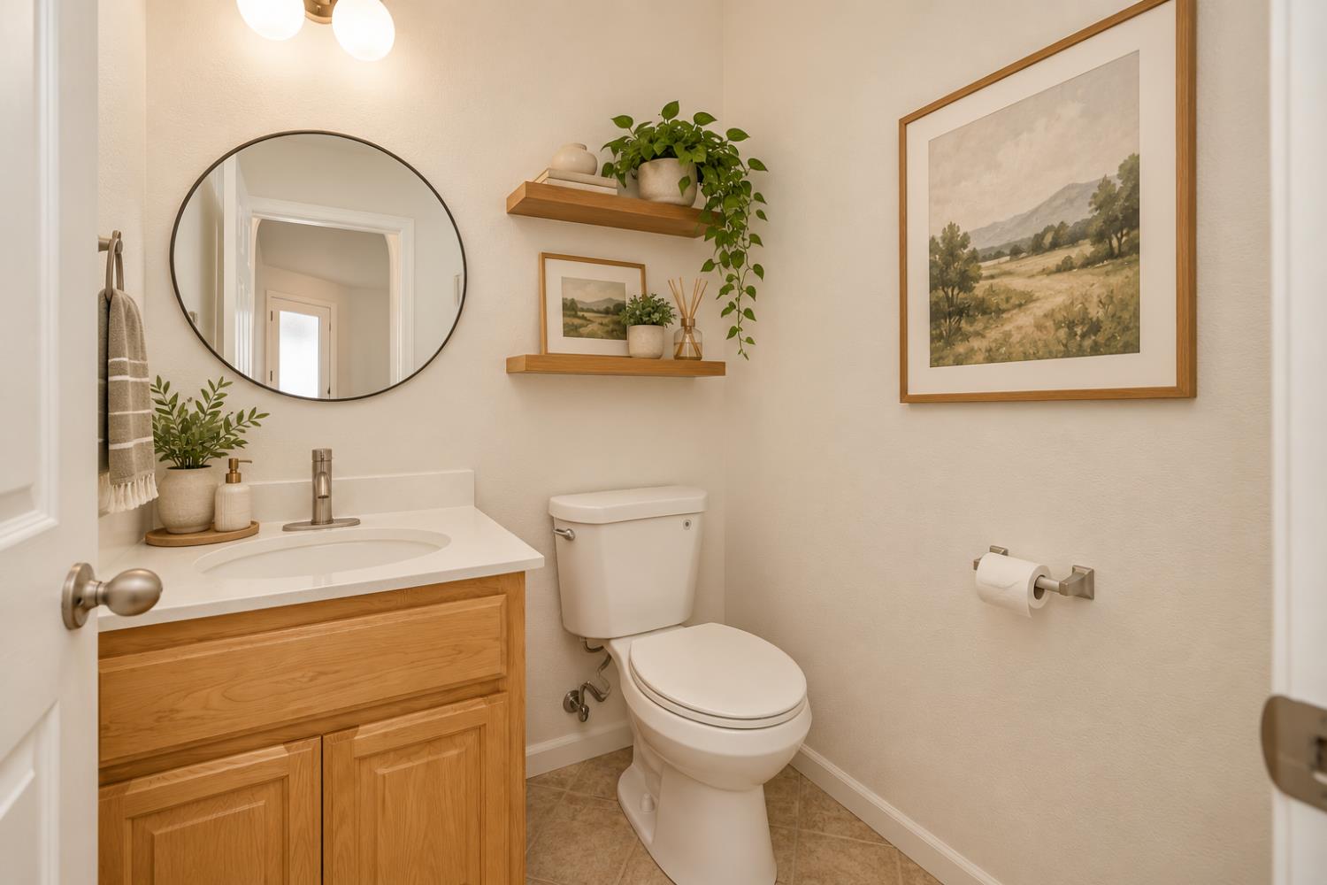 Bathroom with a wood vanity, round mirror, toilet, and floating shelves with plants.