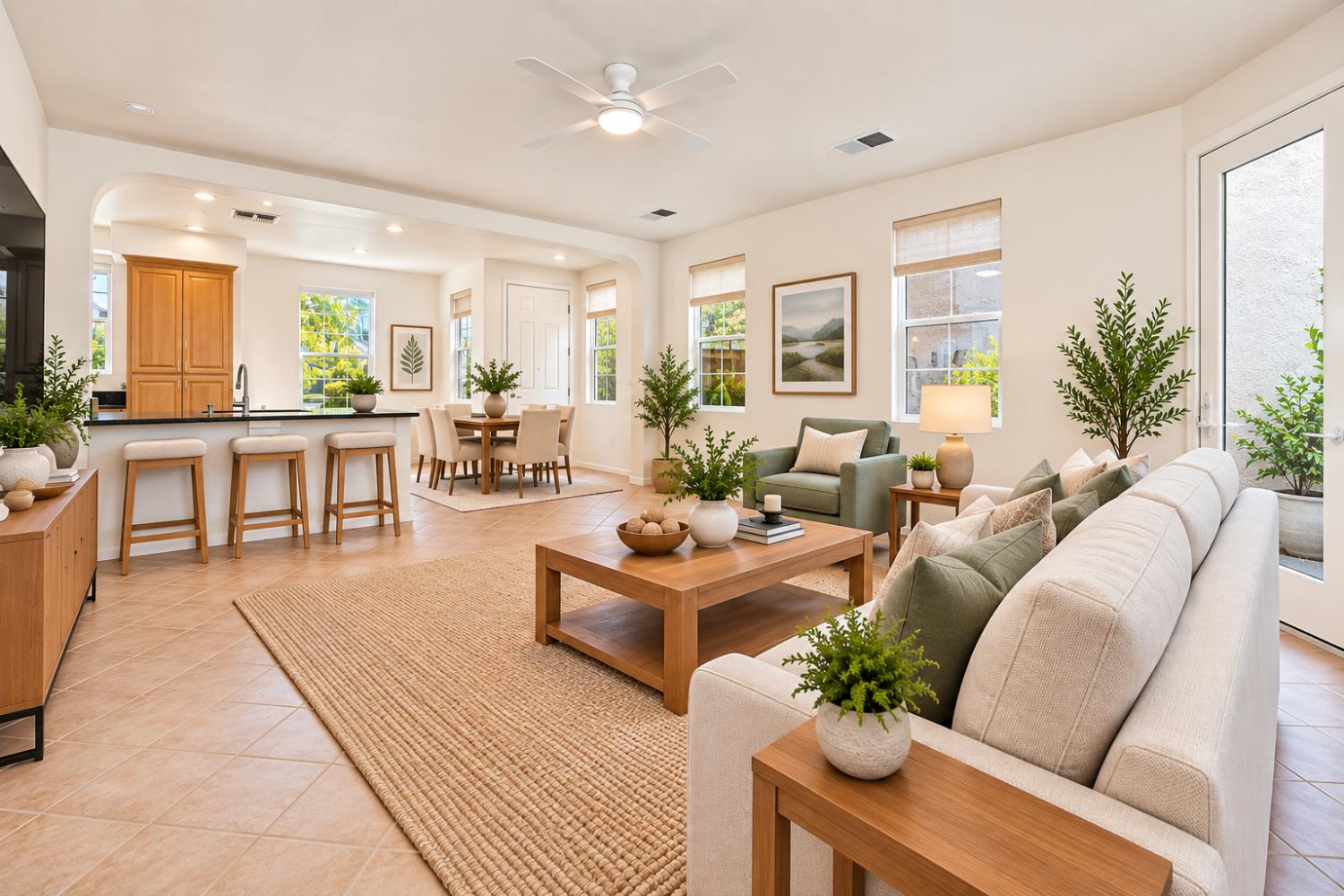Open-plan living room with a white sectional, kitchen island, and dining area.