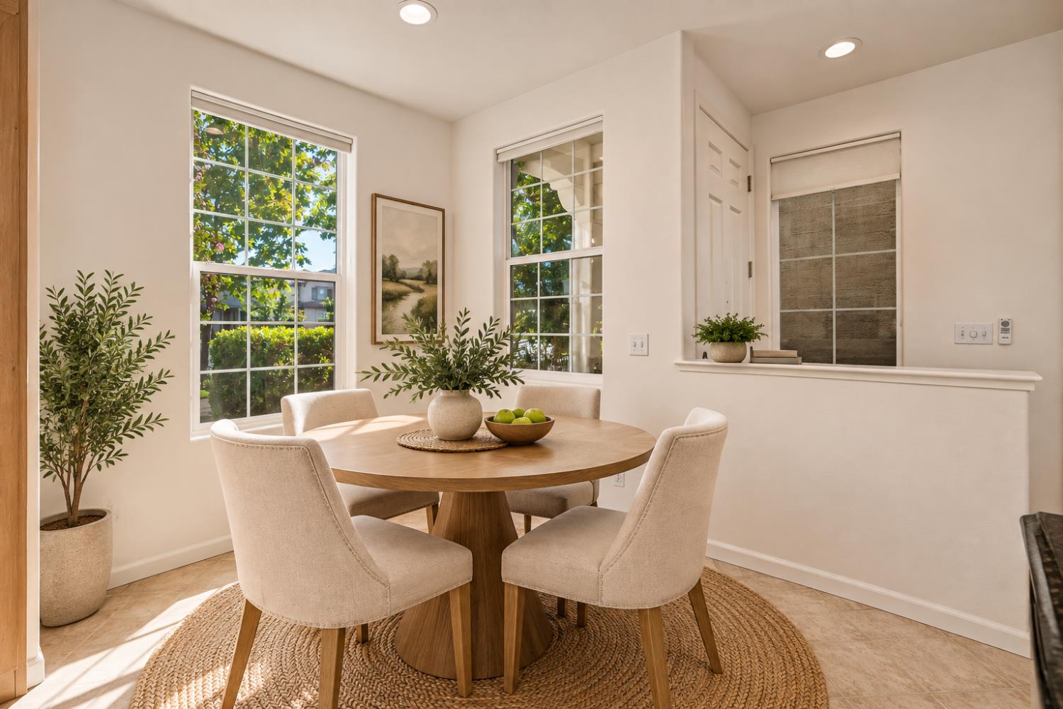 Dining area with a round wooden table, upholstered chairs, and large sunlit windows.