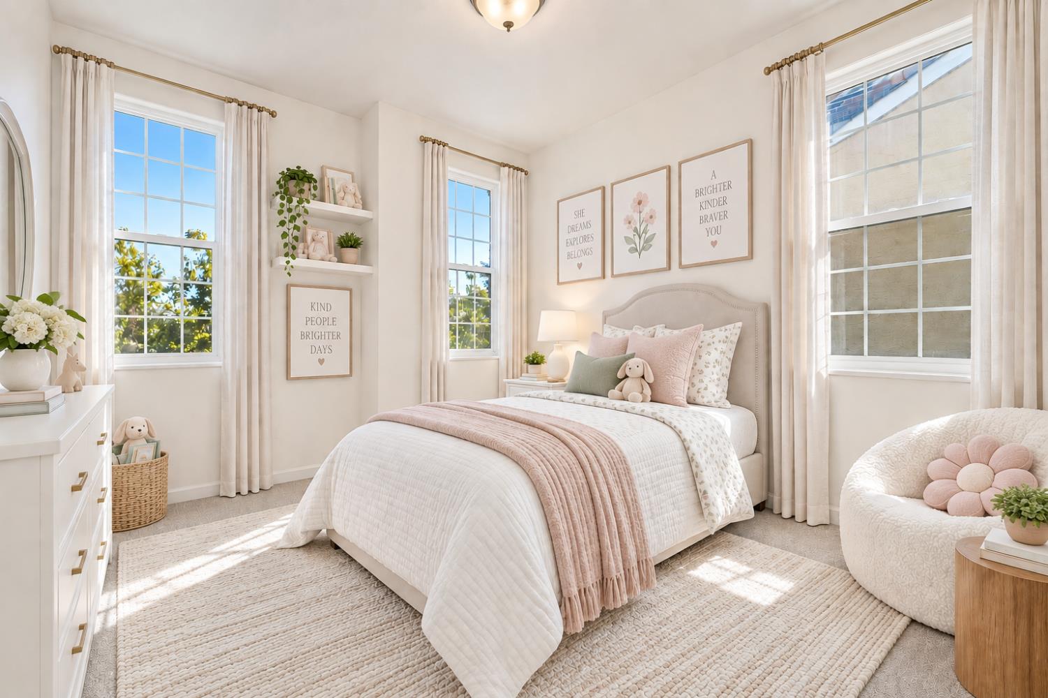 Bright bedroom with white bed, blush accents, three tall windows and a plush chair.
