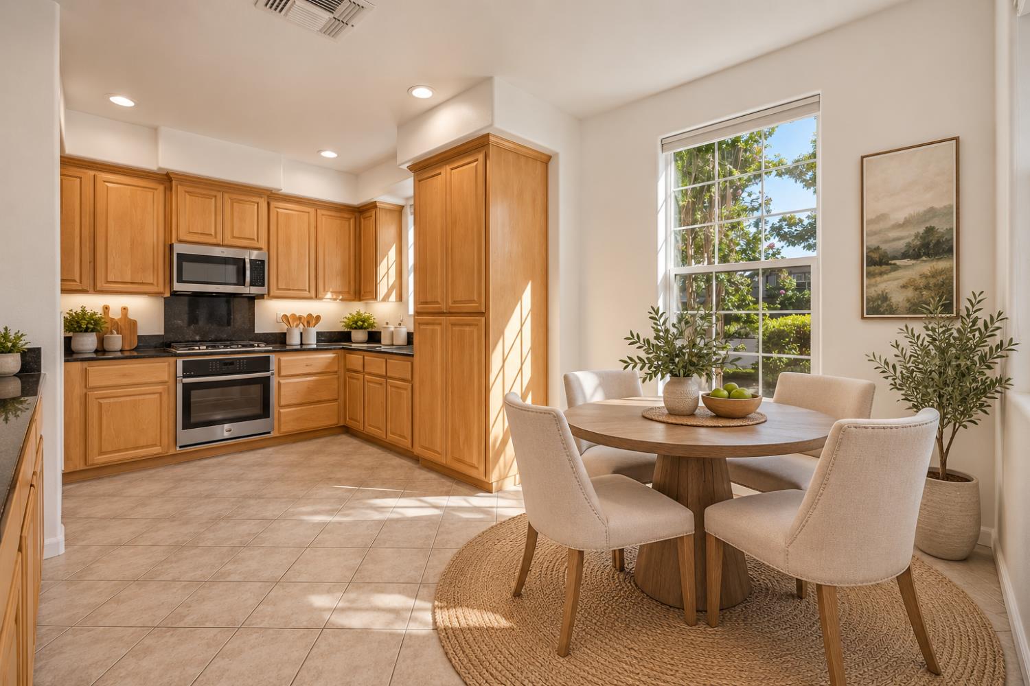 Kitchen and dining area with honey-colored cabinets and a round table beside a sunlit window.