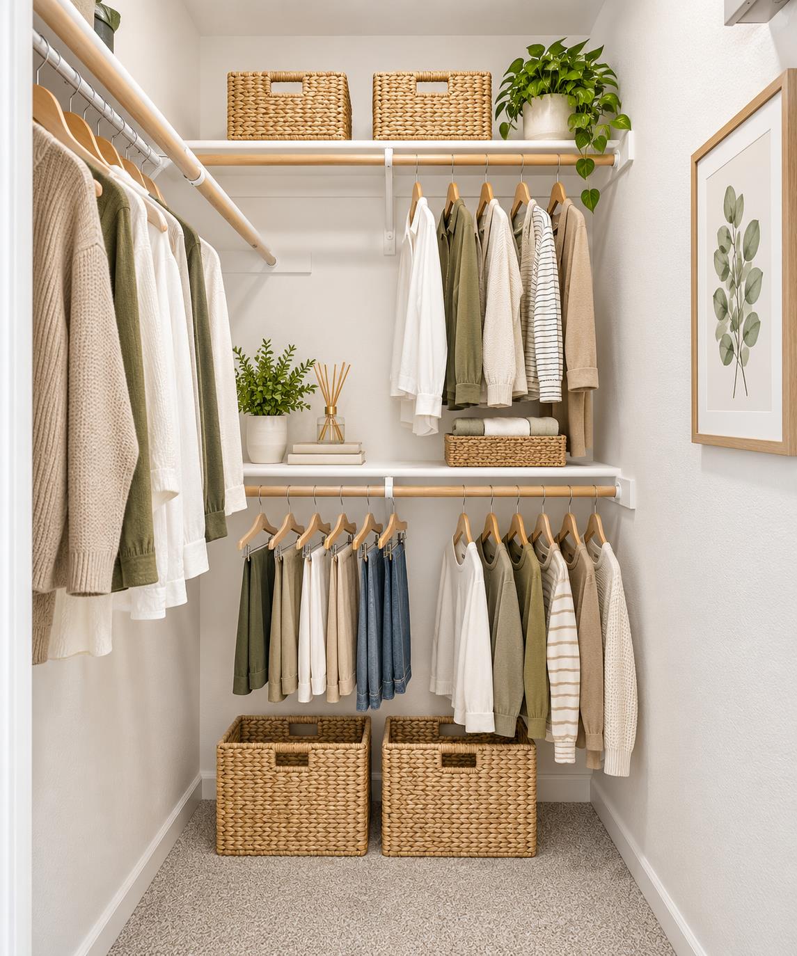Walk-in closet with organized neutral clothing, woven baskets, and white shelving.