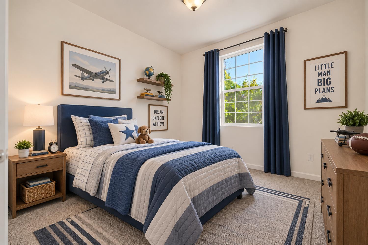Staged bedroom with a navy bed, blue-and-white quilt, airplane artwork, and a sunny window.