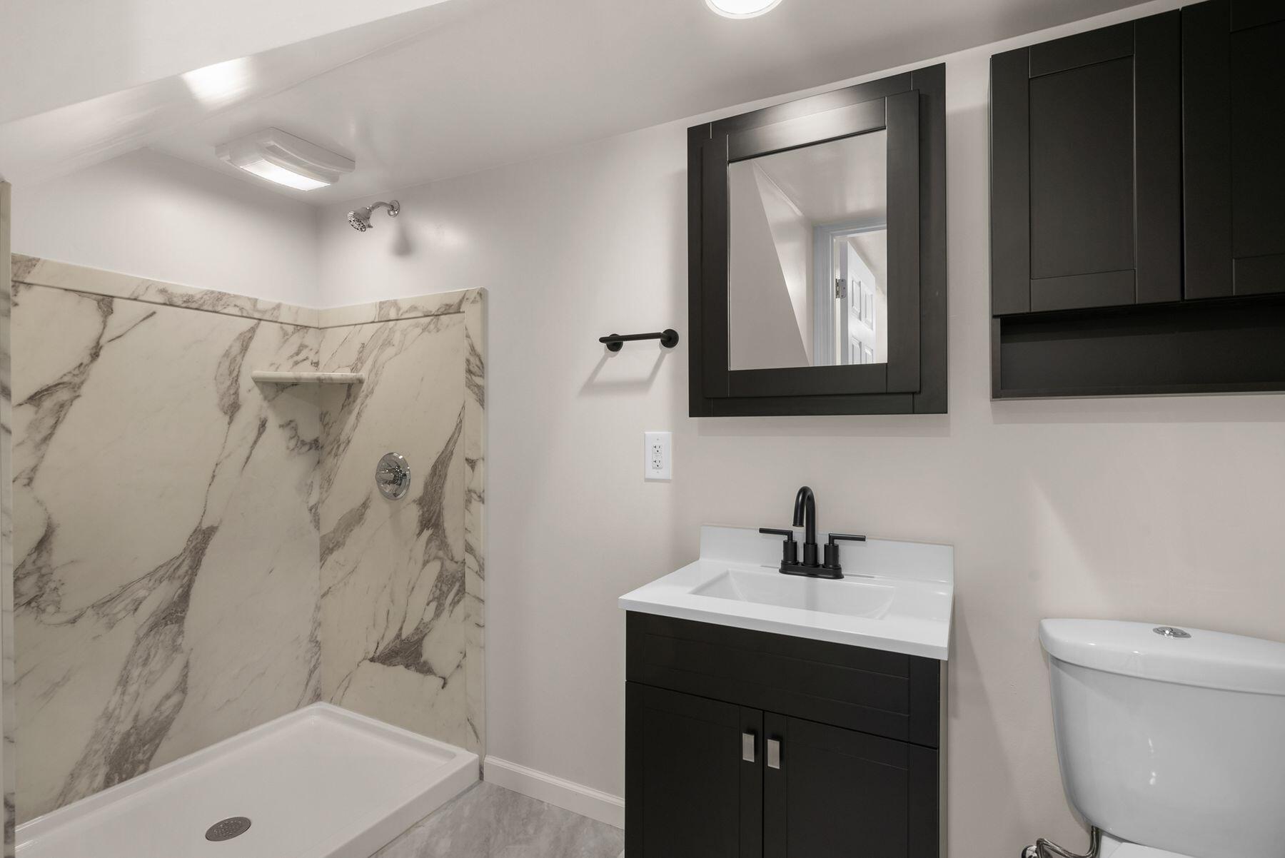 Bathroom with a marble-look shower surround, dark vanity, mirrored cabinet, and toilet.