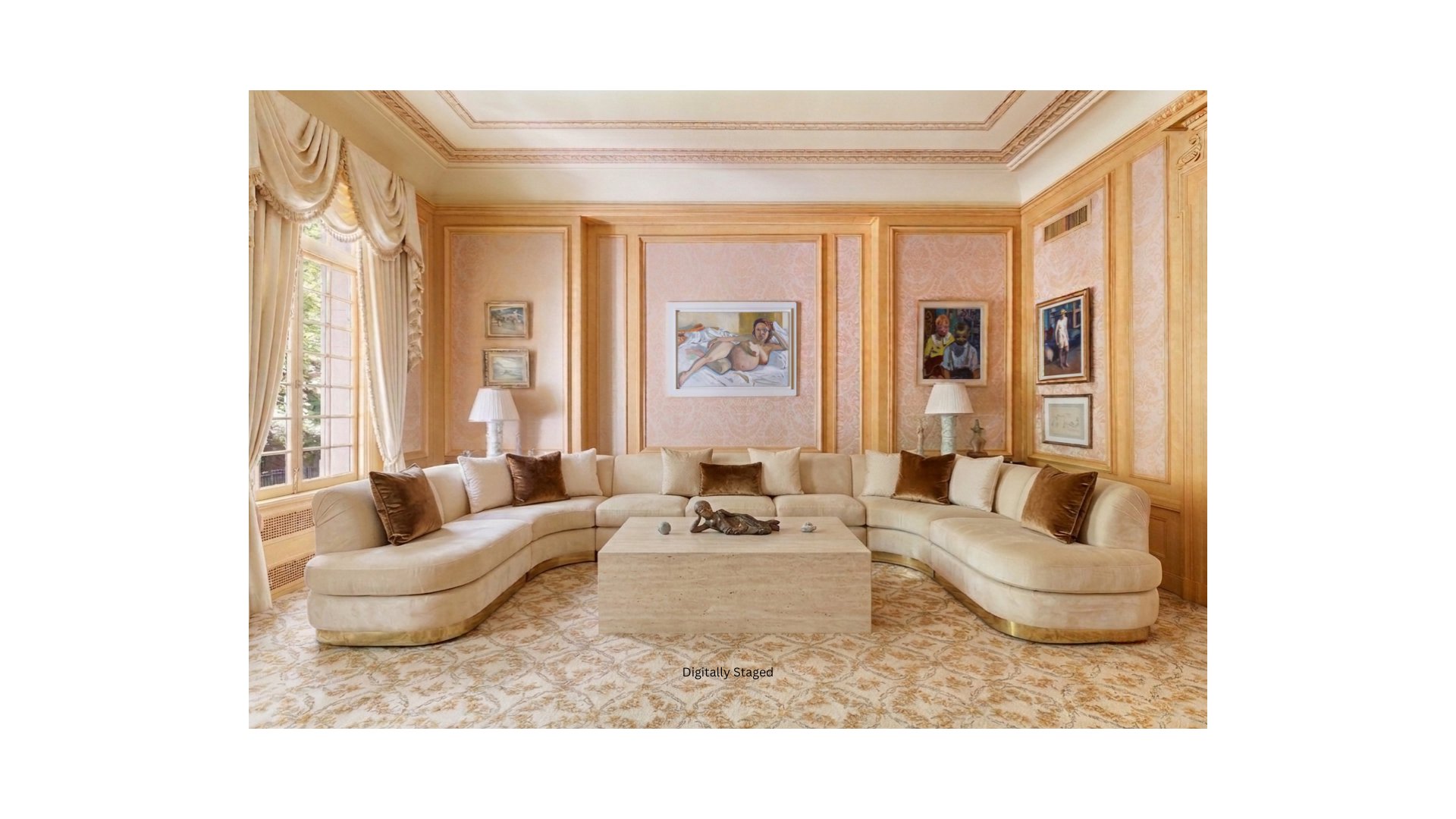 Living room with a curved cream sectional, ornate peach-and-gold paneling, and a large curtained window.
