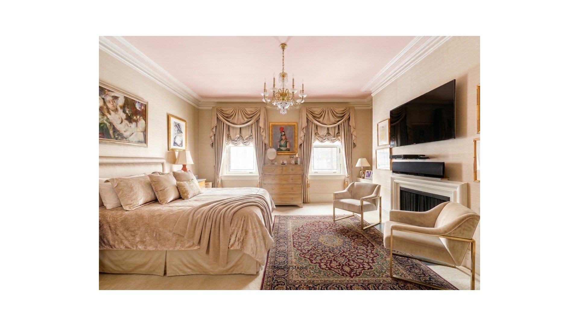 Digitally staged bedroom with a large bed, ornate window drapes, chandelier, patterned rug, and fireplace.