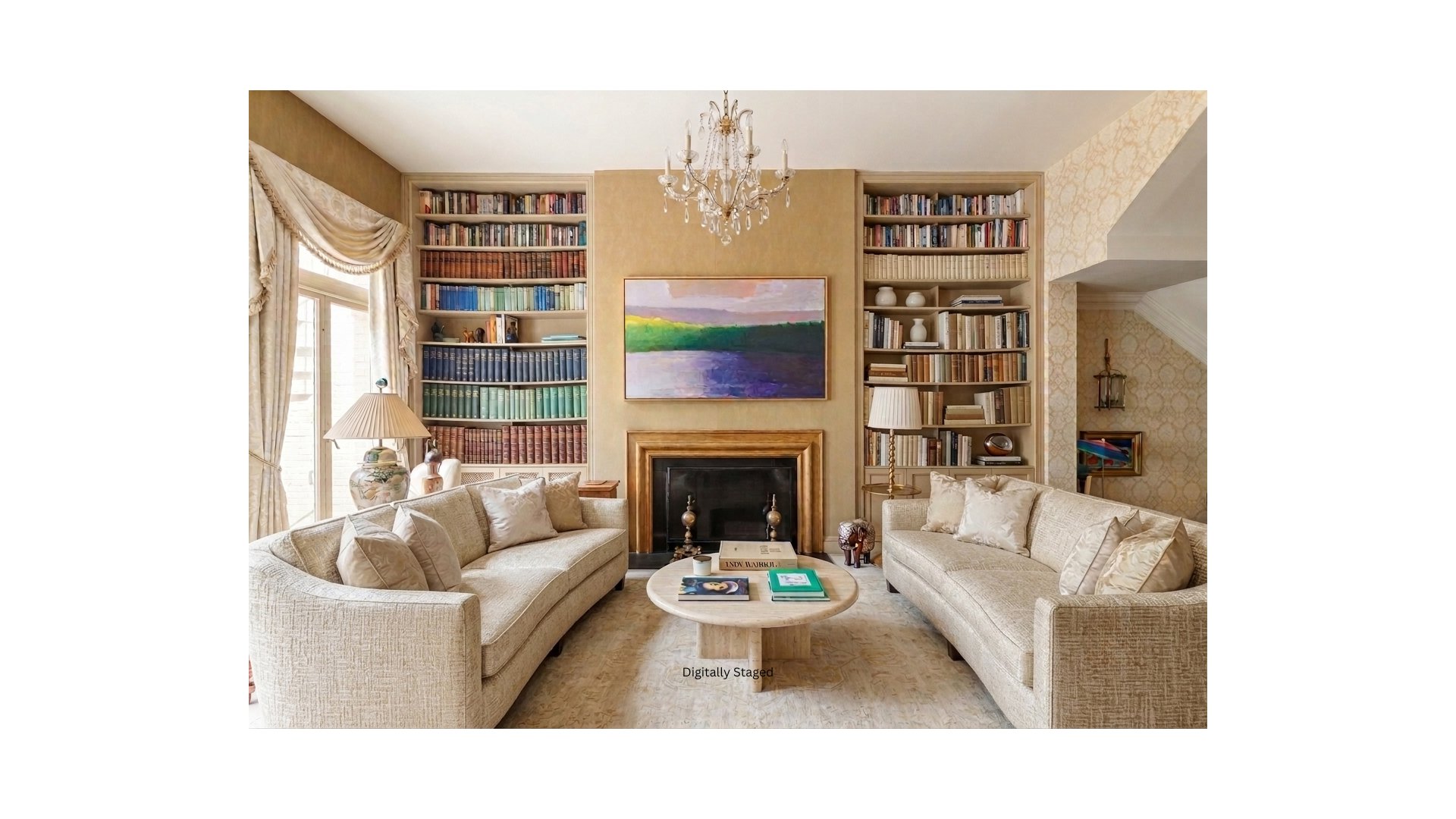 Living room with a fireplace, book-filled built-in shelves, chandelier, and two cream sofas.