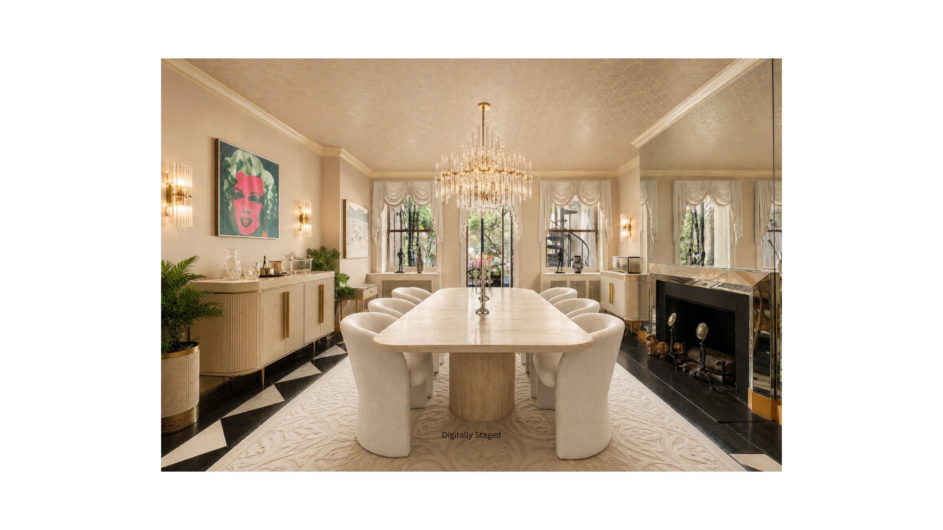Dining room with an oval stone table, sculptural chandelier, mirrored fireplace, and curtained windows.