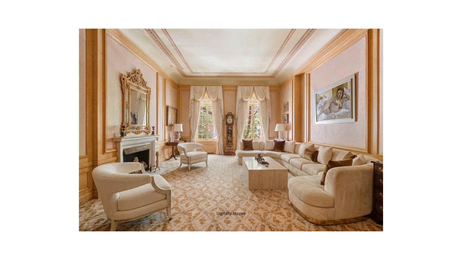 Elegant digitally staged living room with ornate paneling, fireplace, curved sofa, and tall curtained windows.