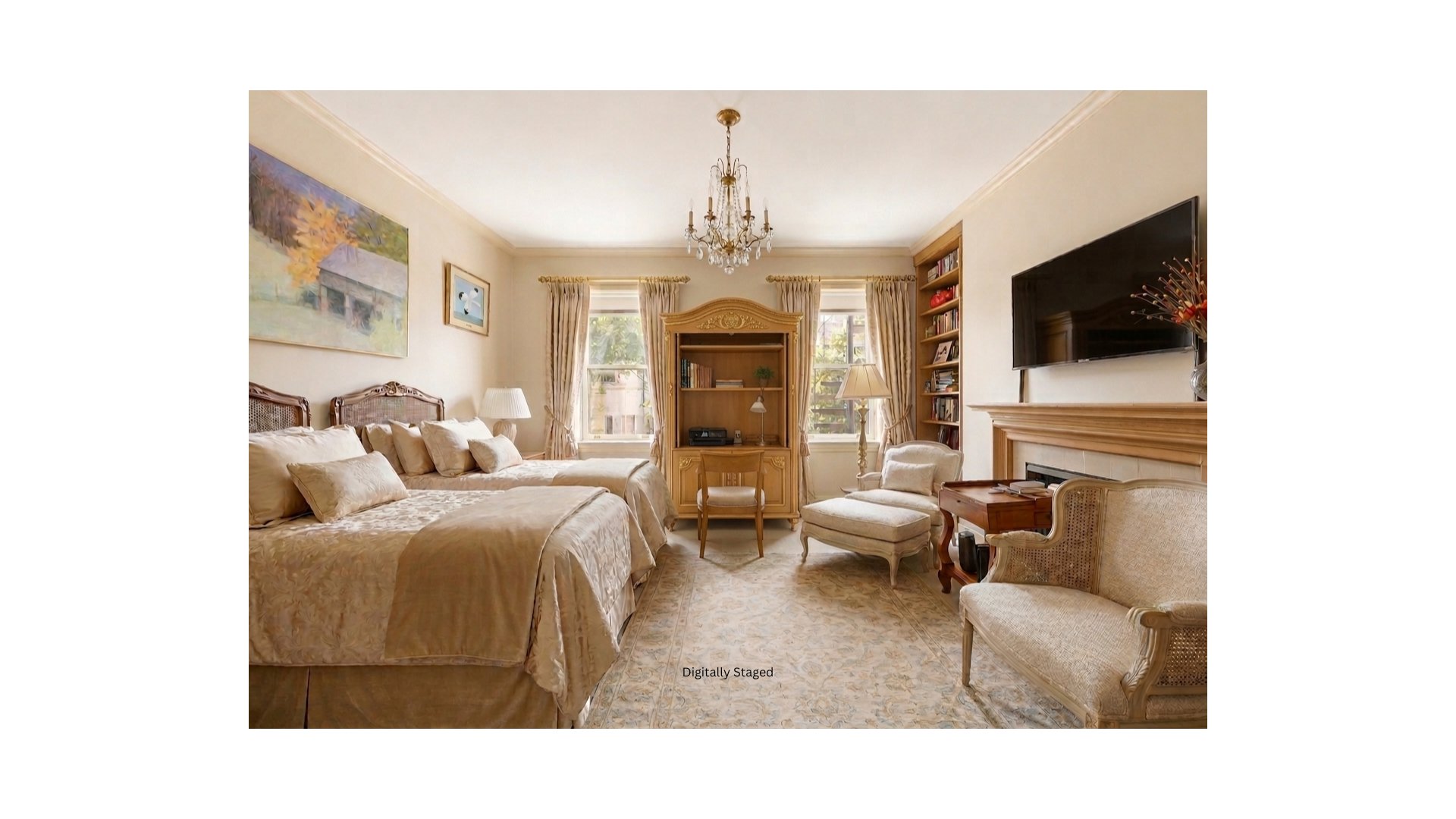 Digitally staged bedroom with two beds, an ornate bookcase, and a fireplace.