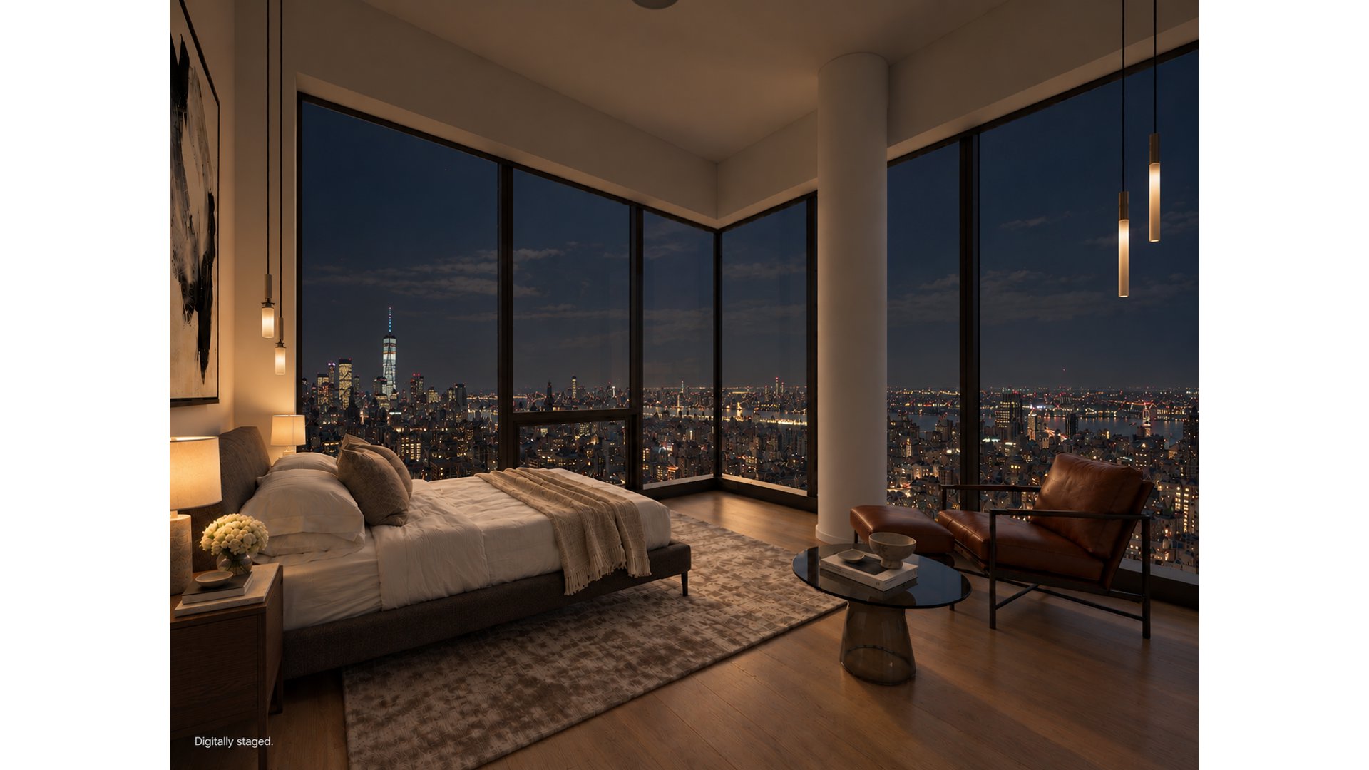 Digitally staged bedroom with floor-to-ceiling corner windows overlooking a nighttime city skyline.