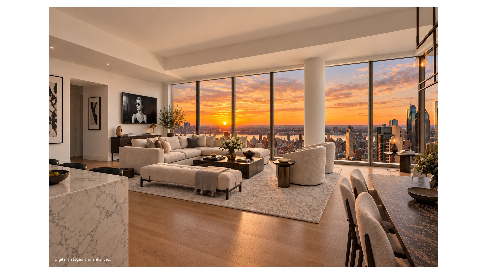 Staged high-rise living room with floor-to-ceiling windows overlooking the city skyline at sunset.