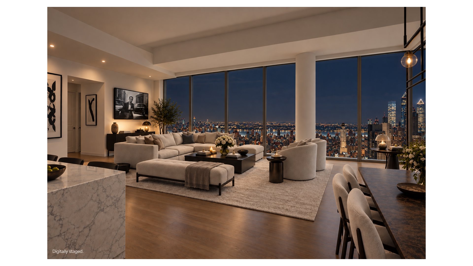 Living room with floor-to-ceiling windows overlooking the illuminated New York City skyline at night.