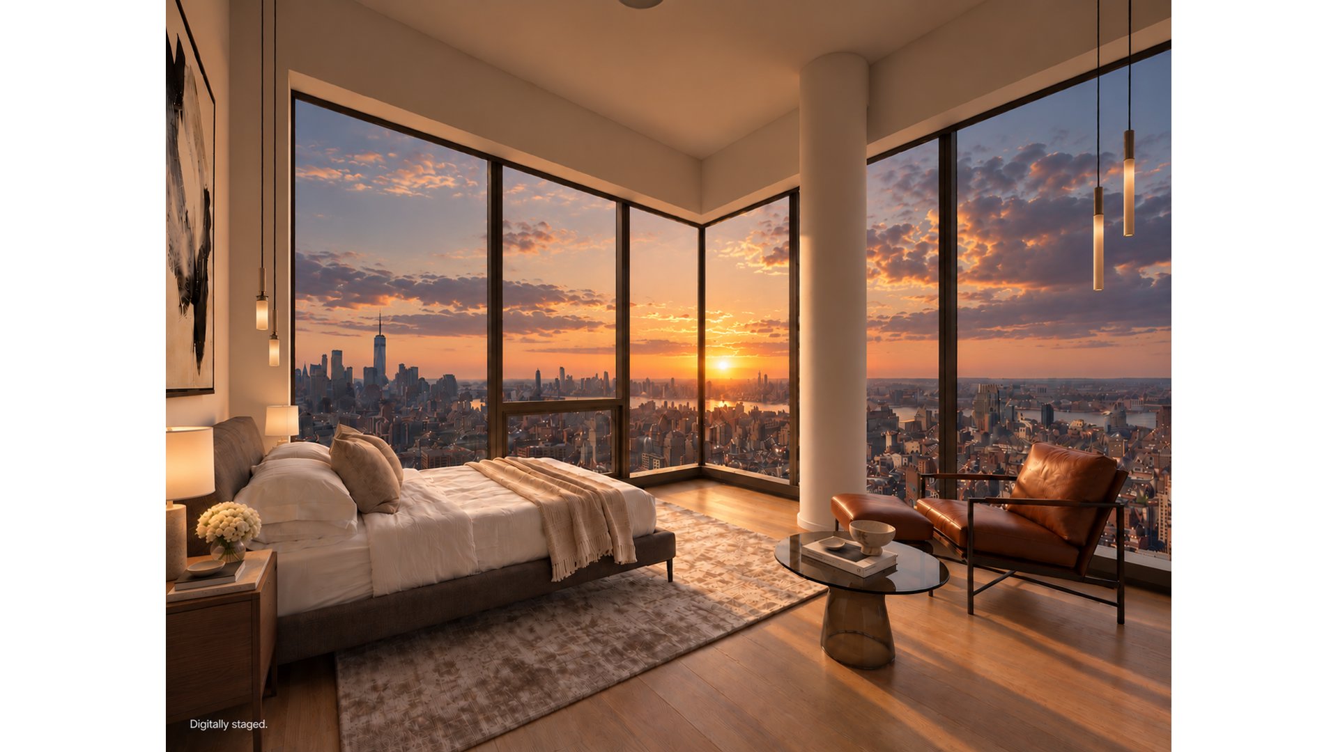 Staged bedroom with floor-to-ceiling corner windows overlooking the city at sunset.