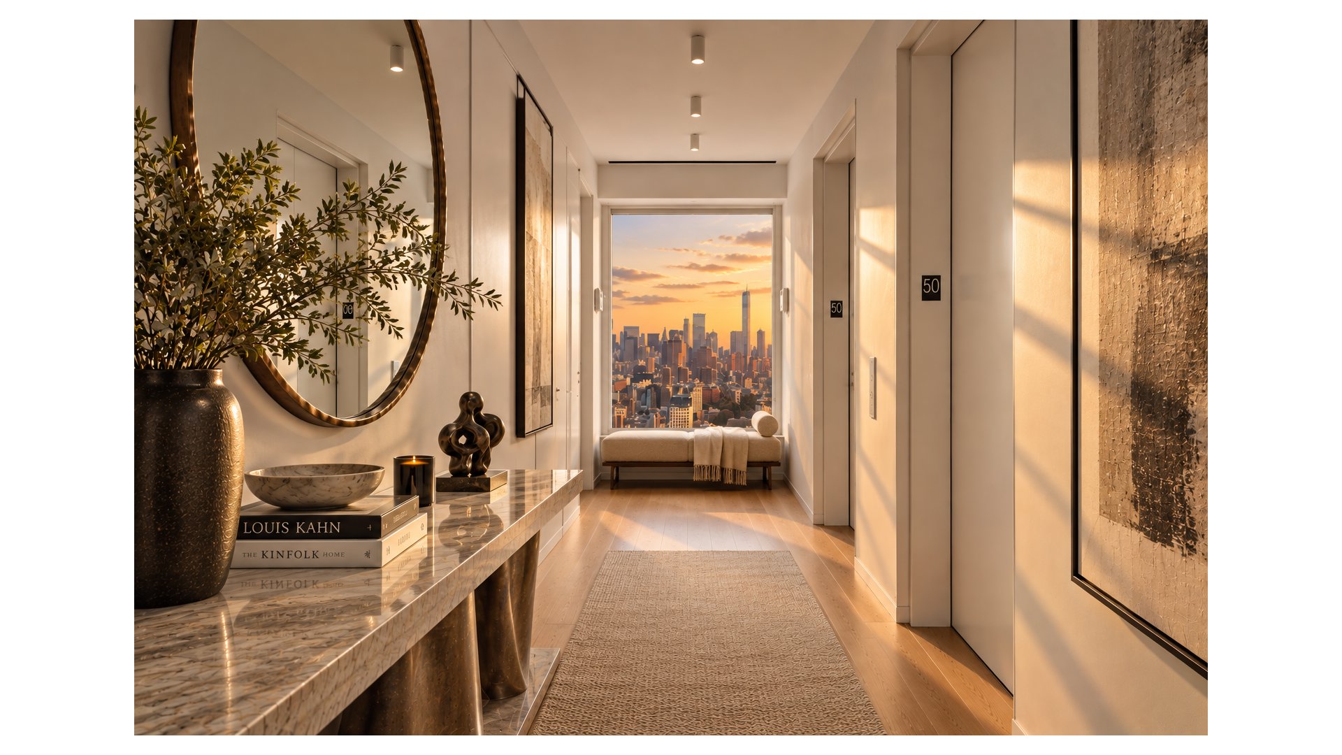 Staged apartment hallway with a marble console and bench overlooking the New York City skyline at sunset.