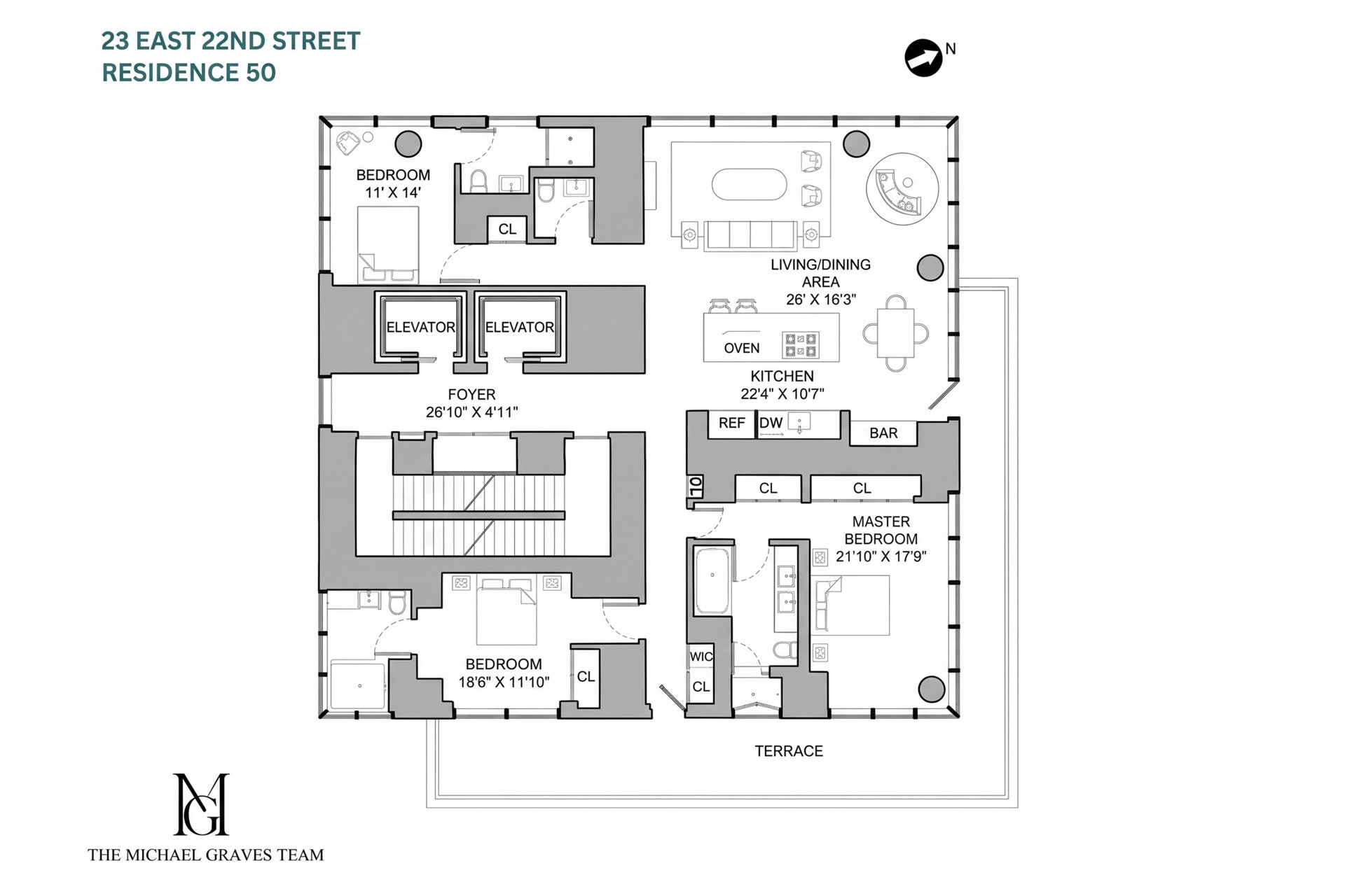 Floor plan for Residence 50 at 23 East 22nd Street, with three bedrooms, open living area, kitchen, and terrace.