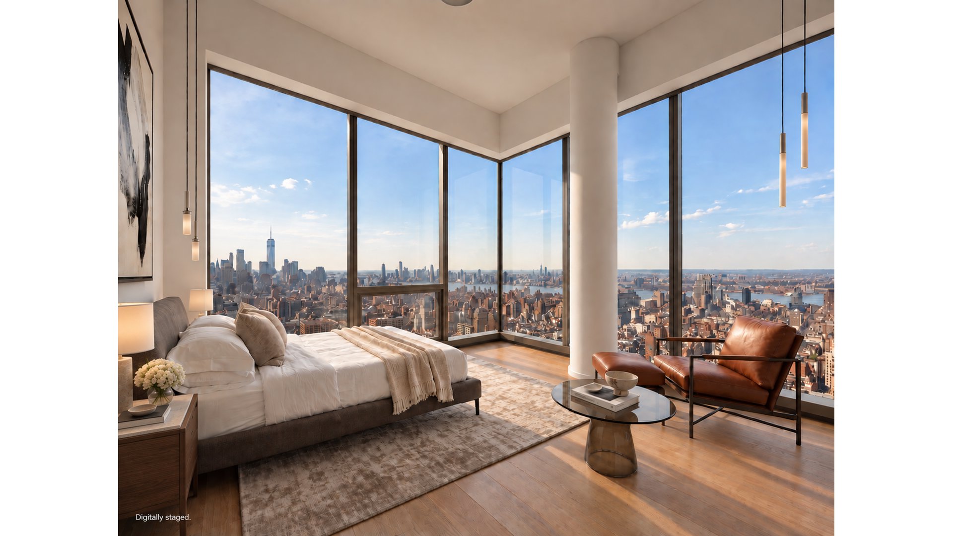 Bedroom with floor-to-ceiling corner windows overlooking the New York City skyline.