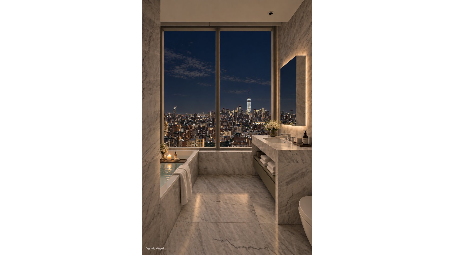 Marble bathroom with a soaking tub and vanity overlooking the illuminated New York City skyline.