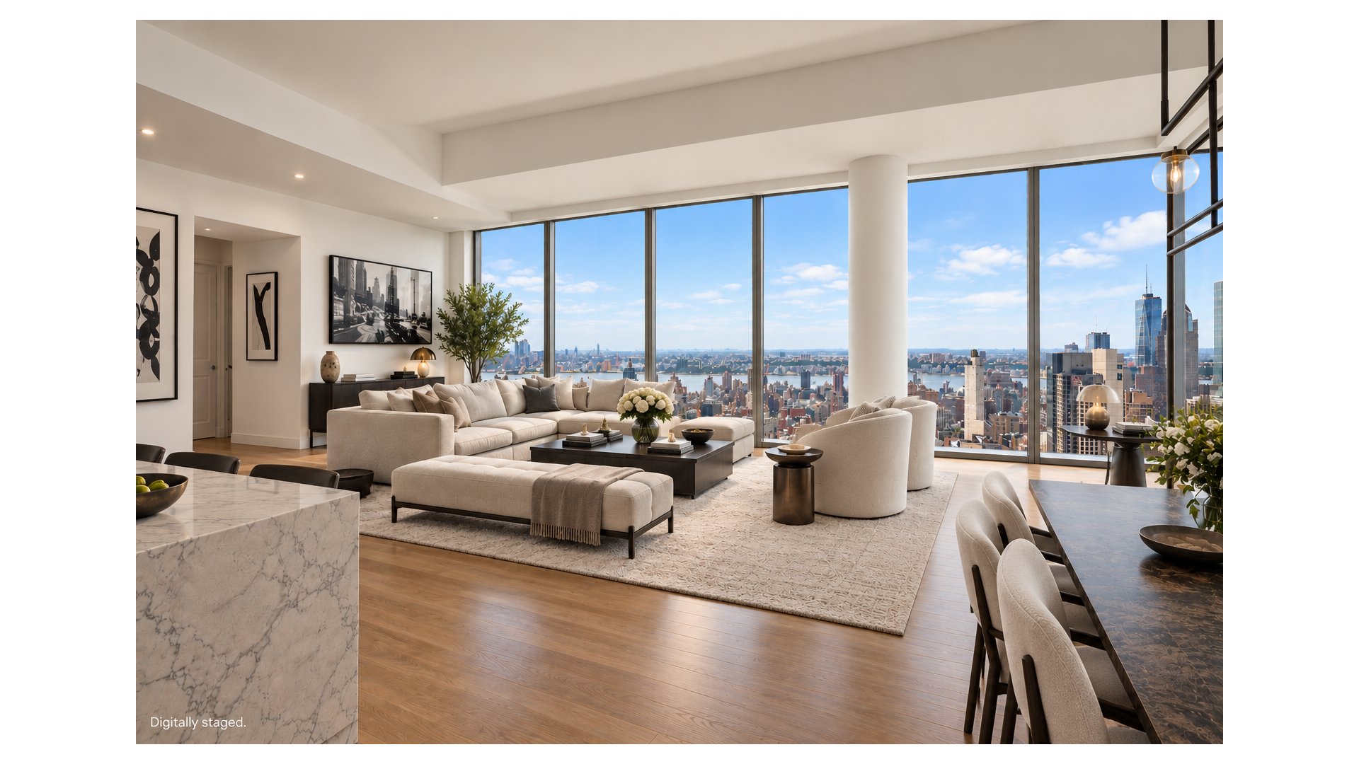 Staged high-rise living room with floor-to-ceiling windows overlooking the New York City skyline.