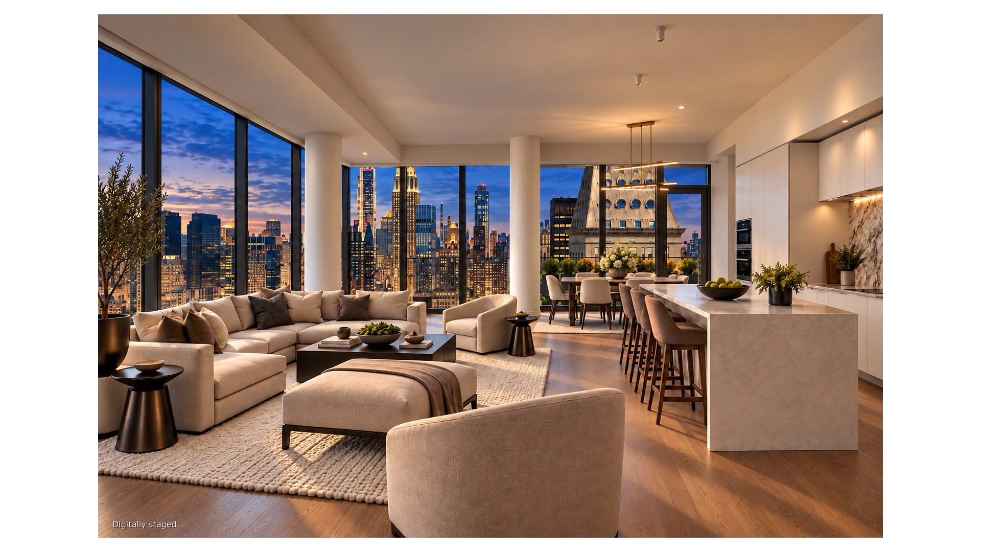 Staged open-plan living room and kitchen with floor-to-ceiling windows overlooking the Manhattan skyline at dusk.