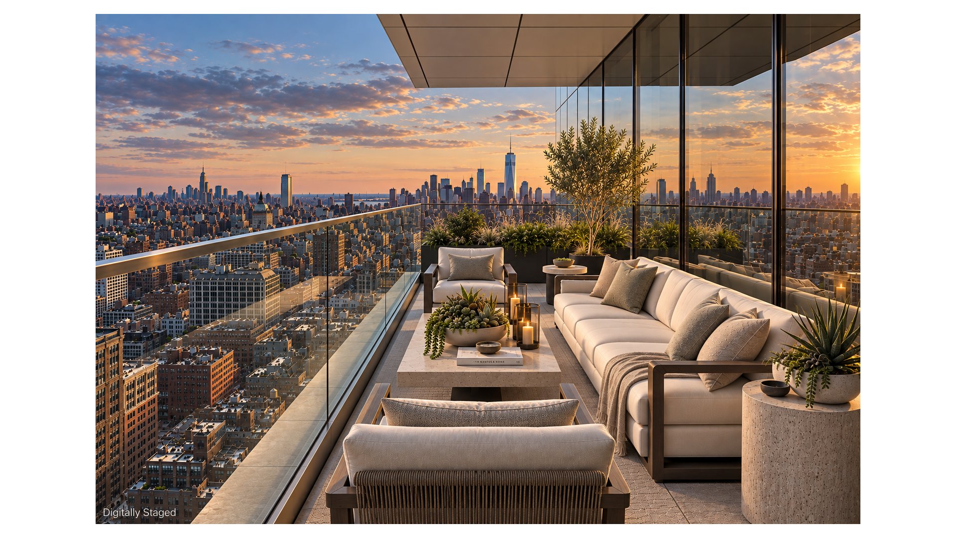Digitally staged rooftop terrace with lounge seating, glass railings, and Manhattan skyline at sunset.