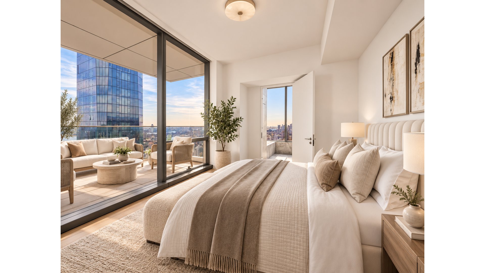 Bedroom with a large bed and floor-to-ceiling windows overlooking a balcony and city skyline.