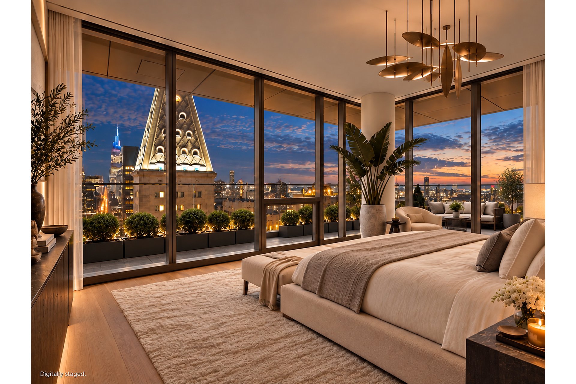 Staged bedroom with floor-to-ceiling windows overlooking the Flatiron Building and New York City skyline at dusk.