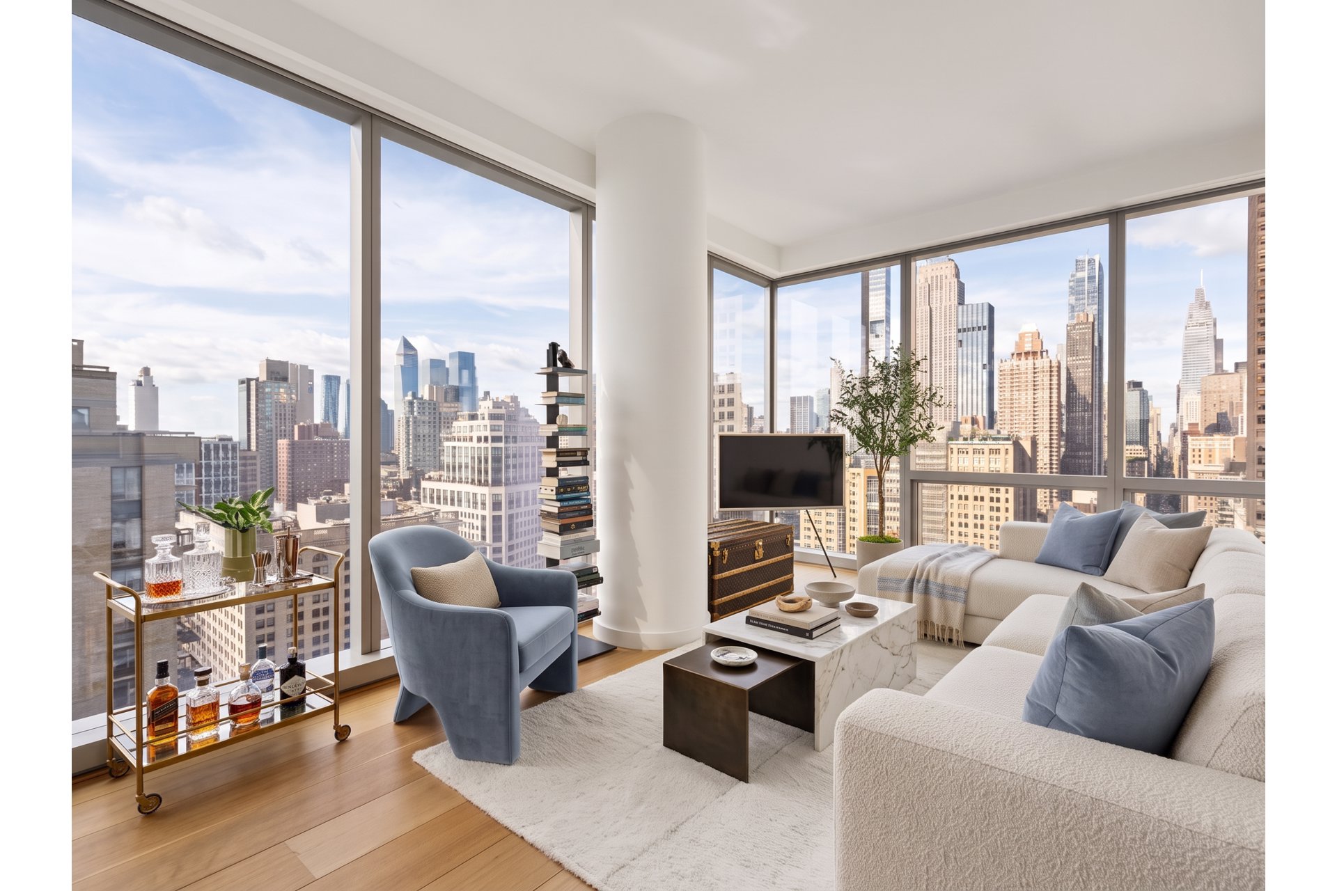 Luxury condo living room with floor-to-ceiling windows overlooking the New York City skyline.