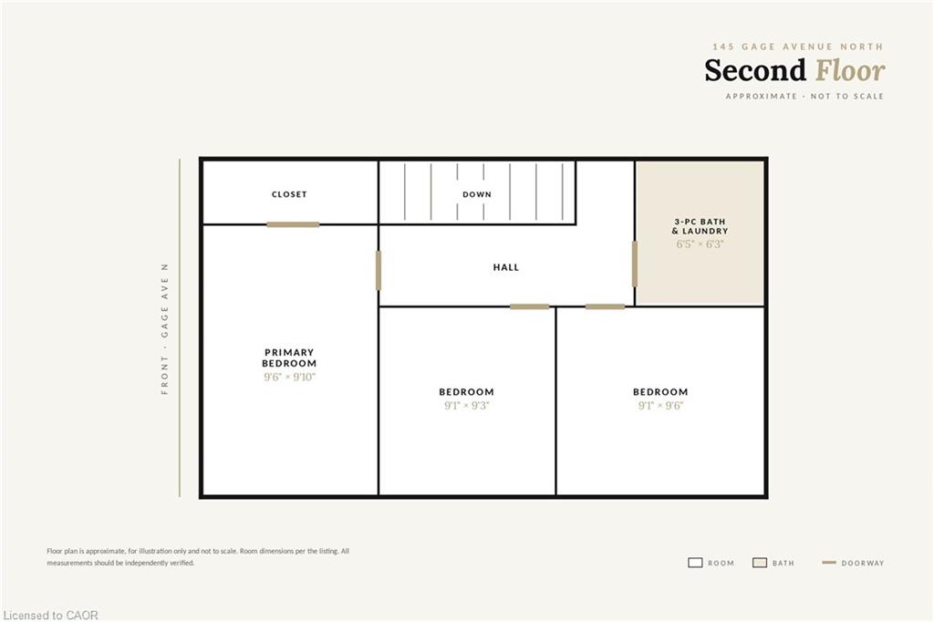 Second-floor plan with three bedrooms, a closet, stairs, and a bathroom with laundry.