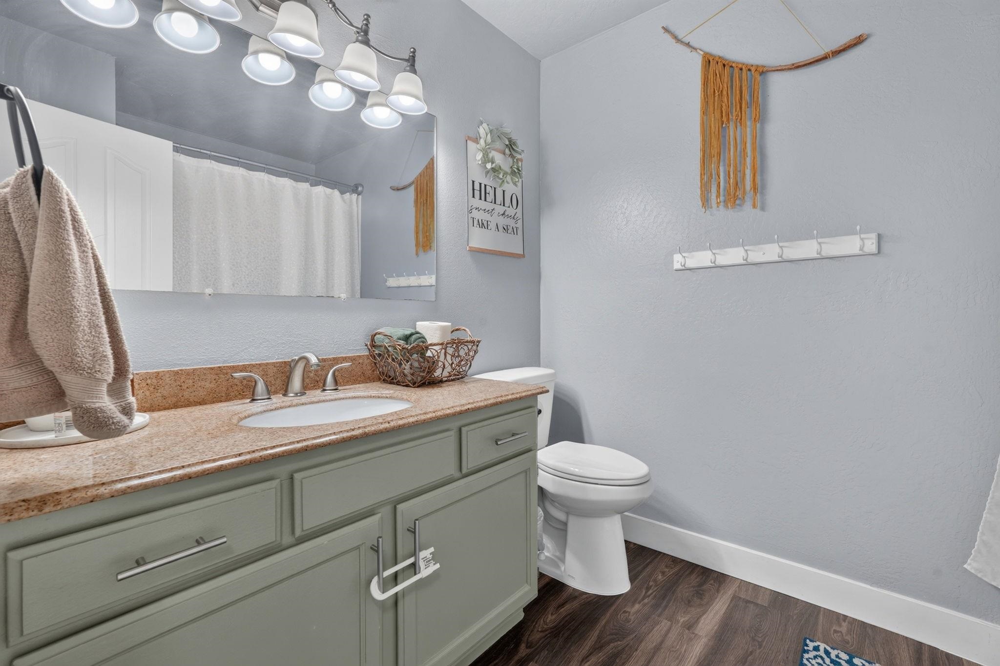Bathroom with sage-green vanity, tan countertop, large mirror, and white toilet.