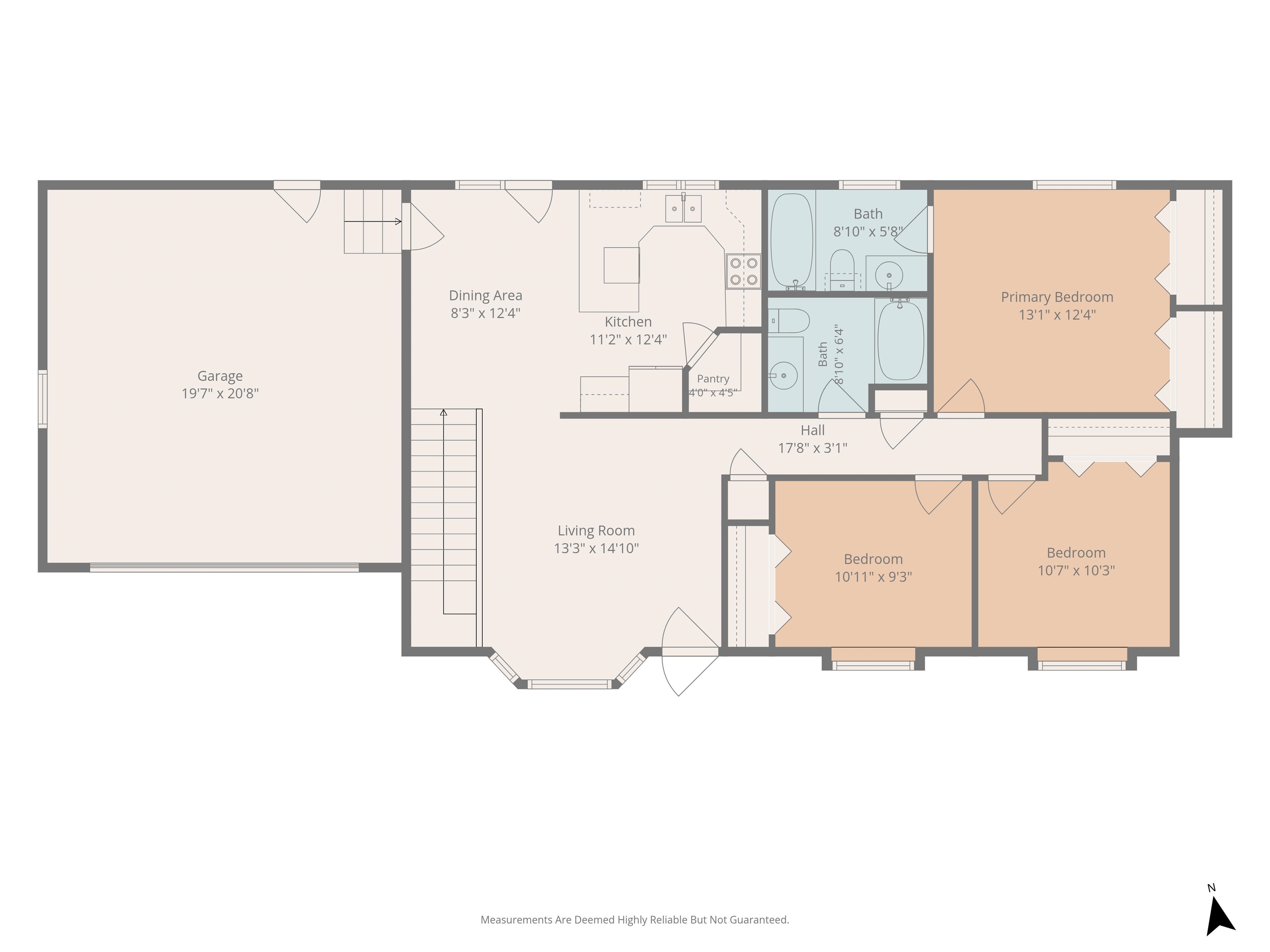 Floor plan showing a garage, living room, kitchen, dining area, three bedrooms, and two bathrooms.