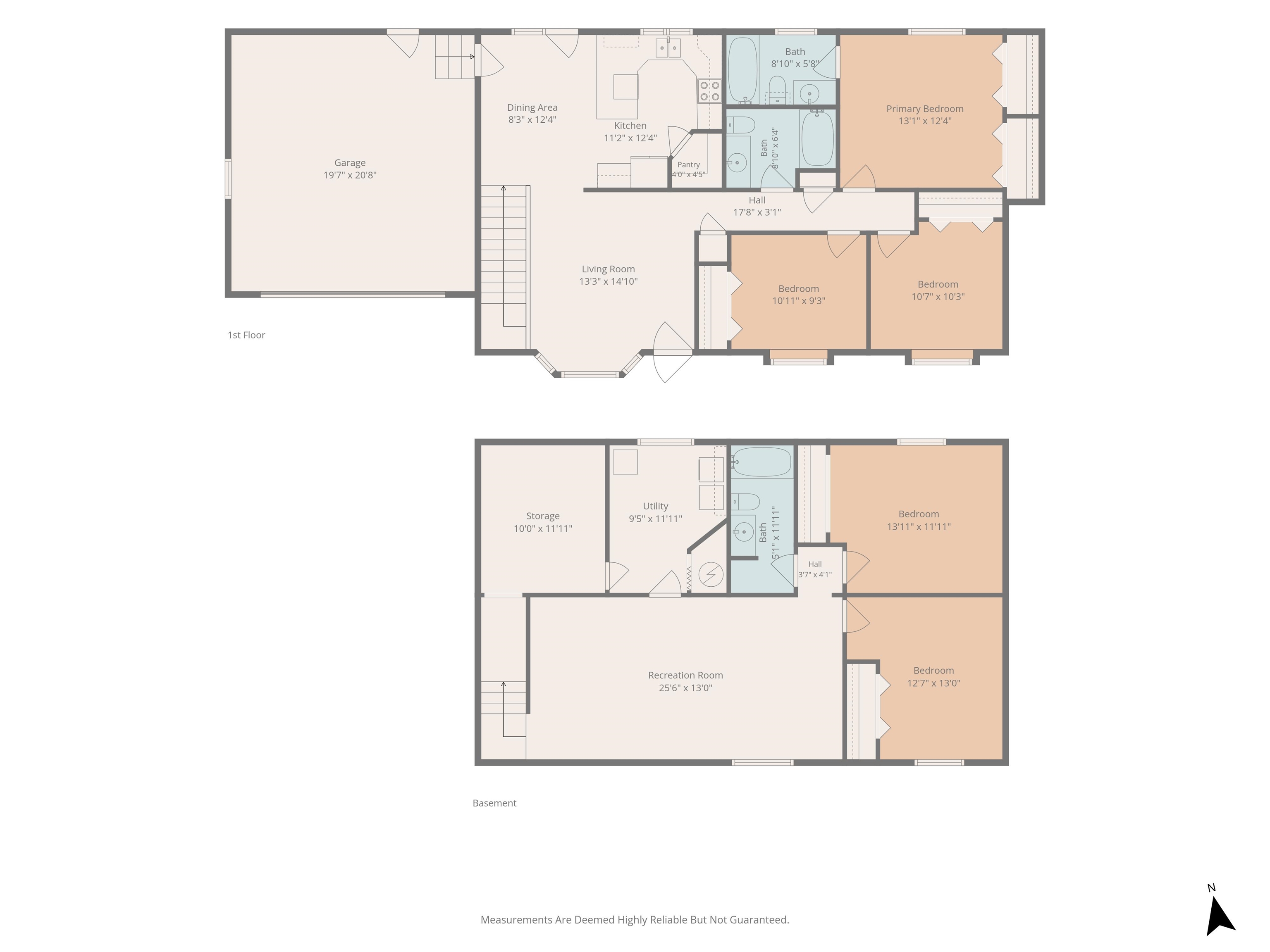 Two-level floor plan showing a three-bedroom first floor and basement with recreation room, two bedrooms, storage, and utility room.