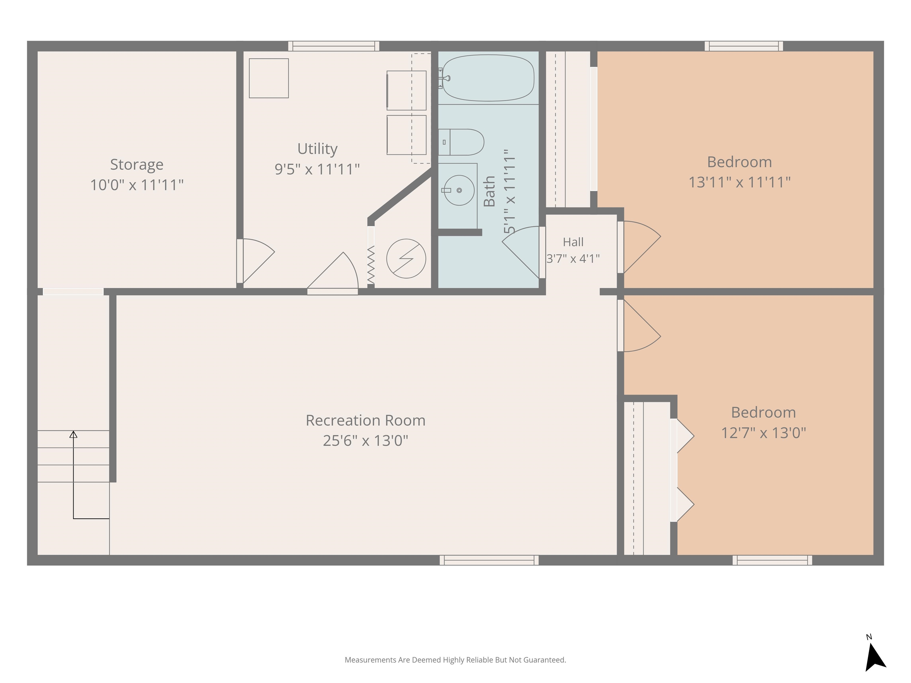 Floor plan with a large recreation room, two bedrooms, bathroom, utility room, and storage room.