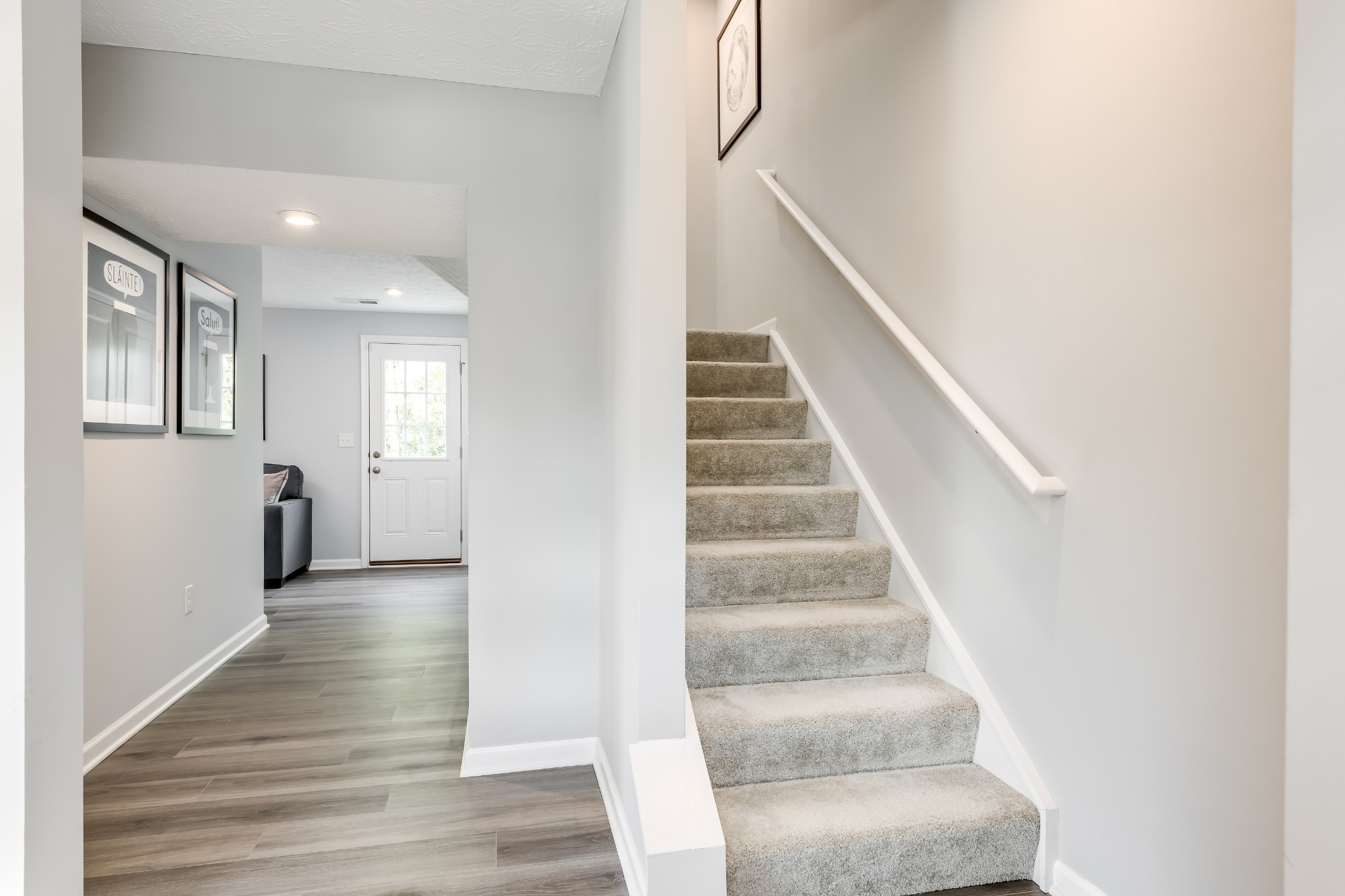 Entry hall with carpeted staircase, white handrail, gray flooring, and glass-paneled front door.