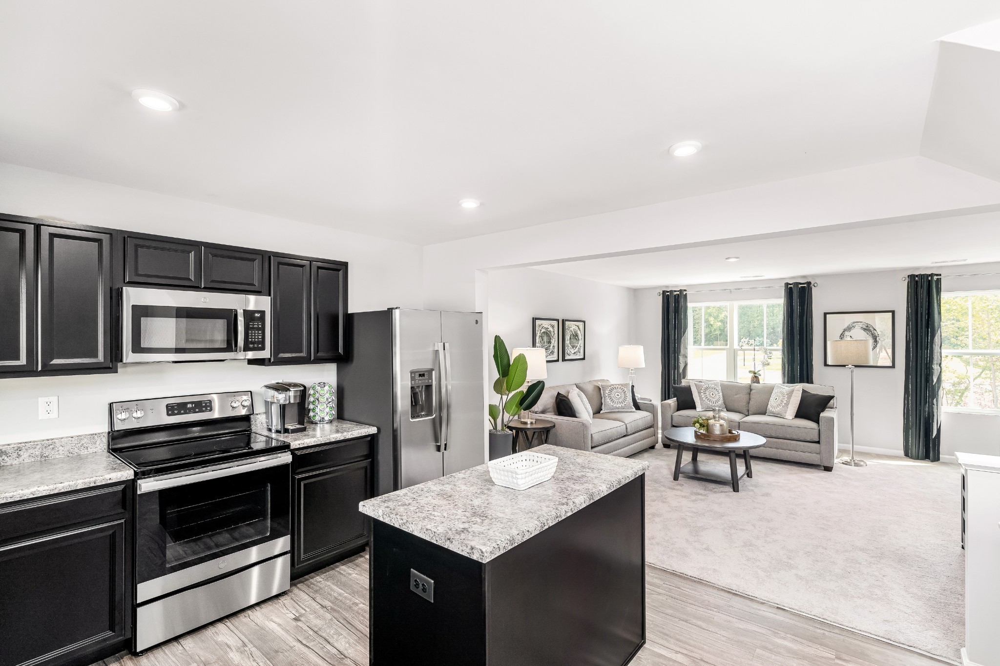 Open-plan kitchen with dark cabinets, stainless appliances, and granite island adjoining a furnished living room.