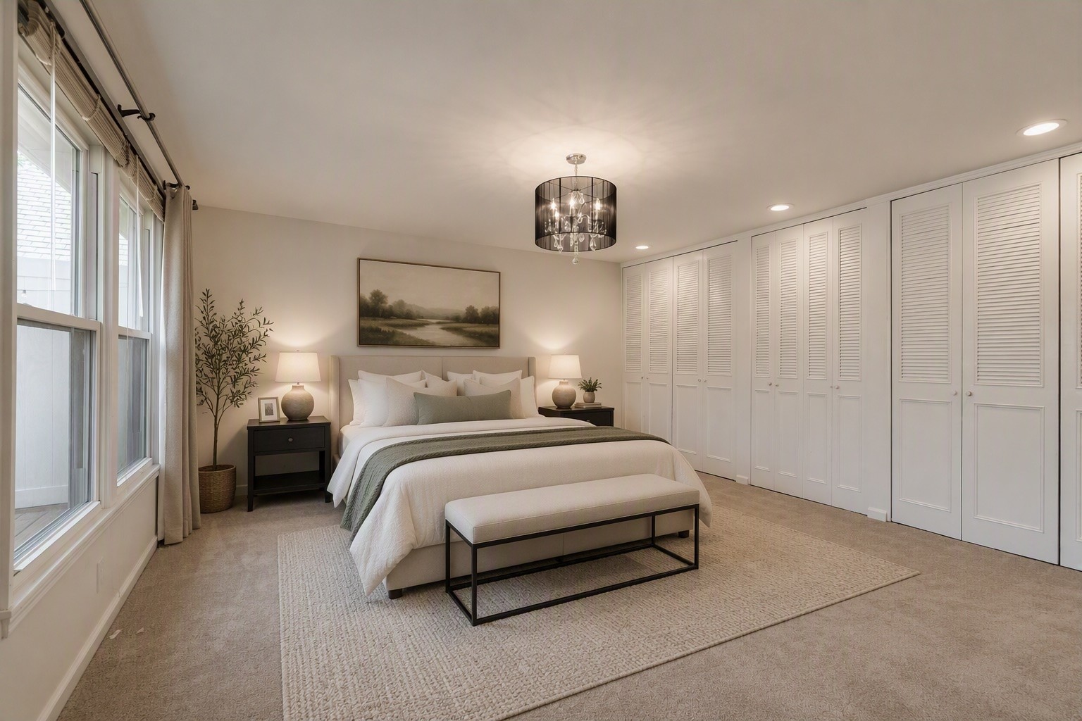 Staged bedroom with a white bed, tall windows, and a wall of louvered closets.