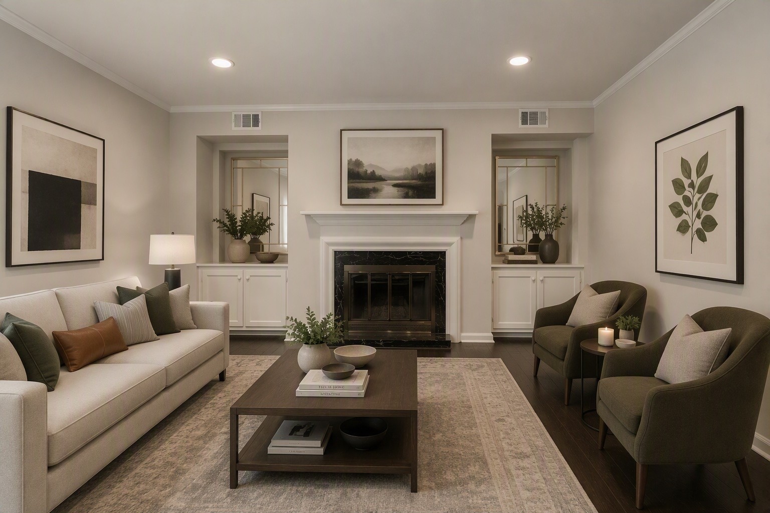 Furnished living room with a central fireplace, built-in cabinets, and seating arranged around a coffee table.