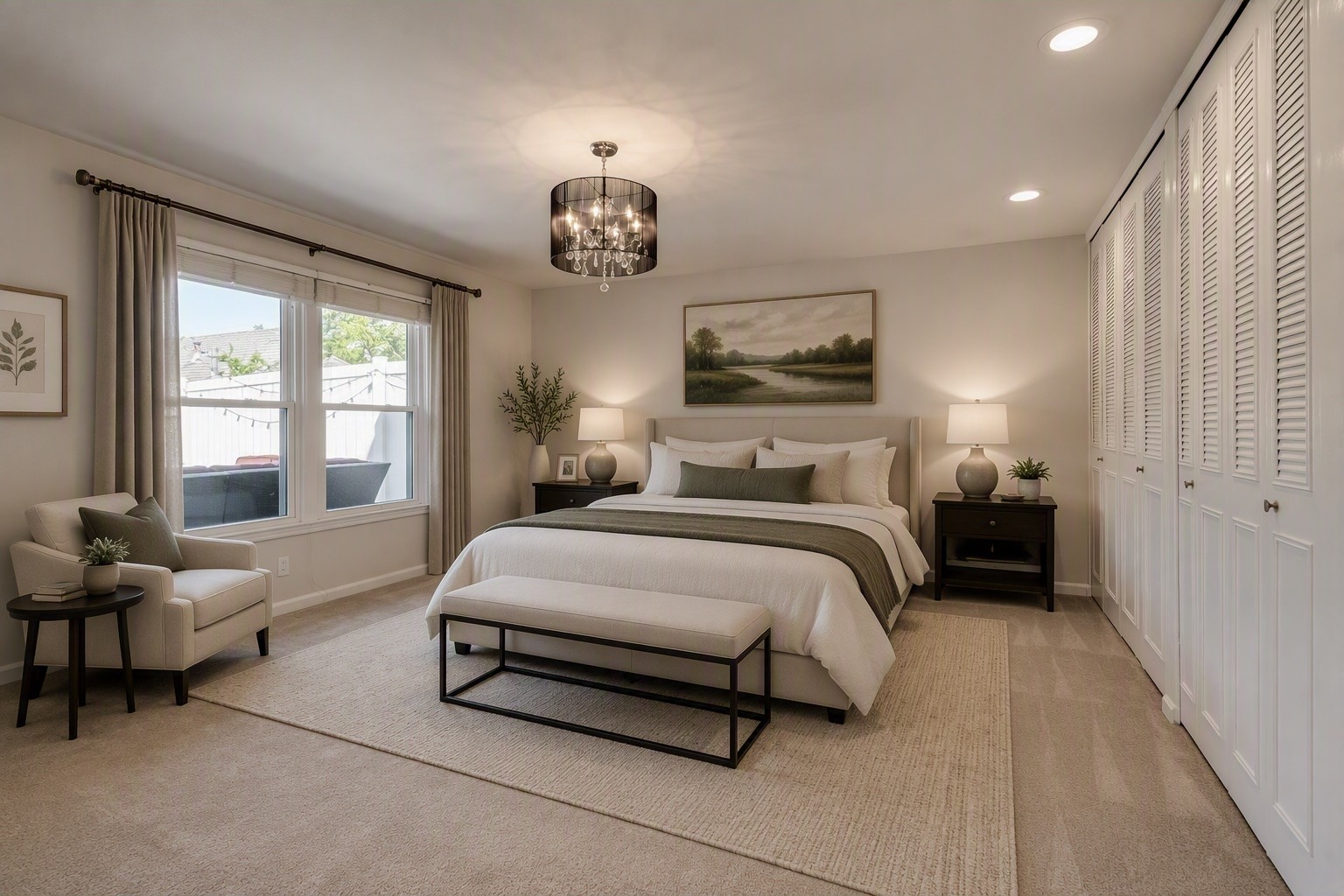 Bedroom with a large bed, upholstered bench, armchair, and wall of white closet doors.