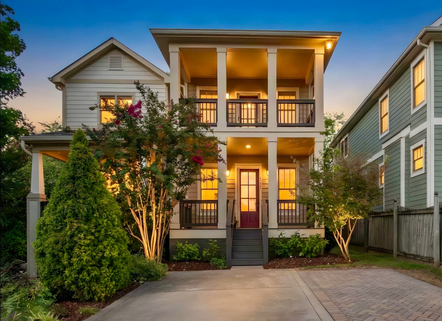 Two-story home with a covered porch, dark railings, and landscaped front yard at dusk.