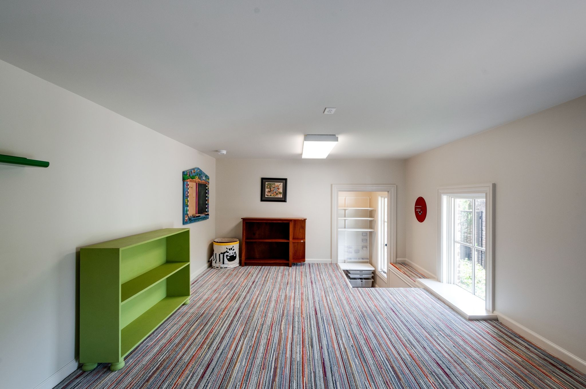 Bonus room with striped carpet, green shelving, a wooden bookcase, and windows beside the stair opening.