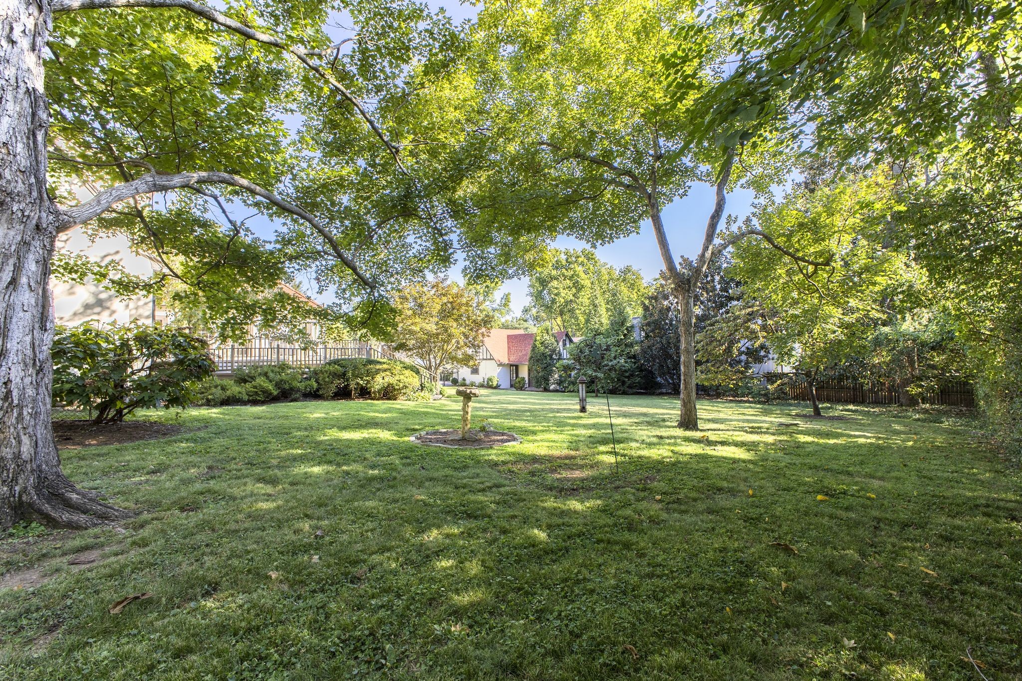Grassy backyard beneath mature trees, with a central birdbath and a raised deck beside the house.