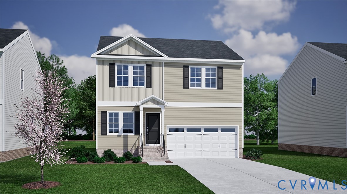 Two-story beige house with black shutters, attached garage, and flowering tree in the front yard.