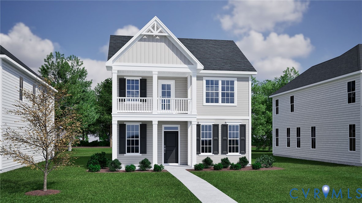 Rendered two-story gray house with white trim, a front balcony, black shutters, and a steep gabled roof.