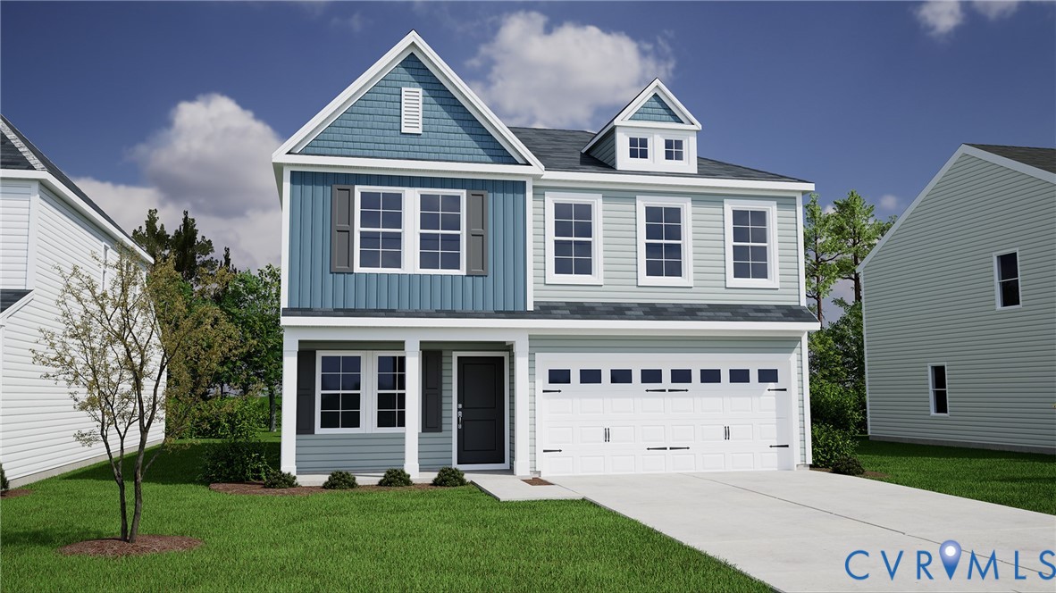 Two-story blue-gray house with white trim, a front gable, and an attached two-car garage.